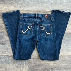 Rock & Republic Kasandra Mid Rise Bootcut Jeans, dark wash, silver, size 6